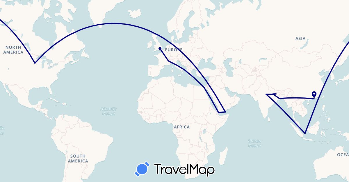 TravelMap itinerary: driving in China, Djibouti, Egypt, France, United Kingdom, Indonesia, India, Italy, United States (Africa, Asia, Europe, North America)